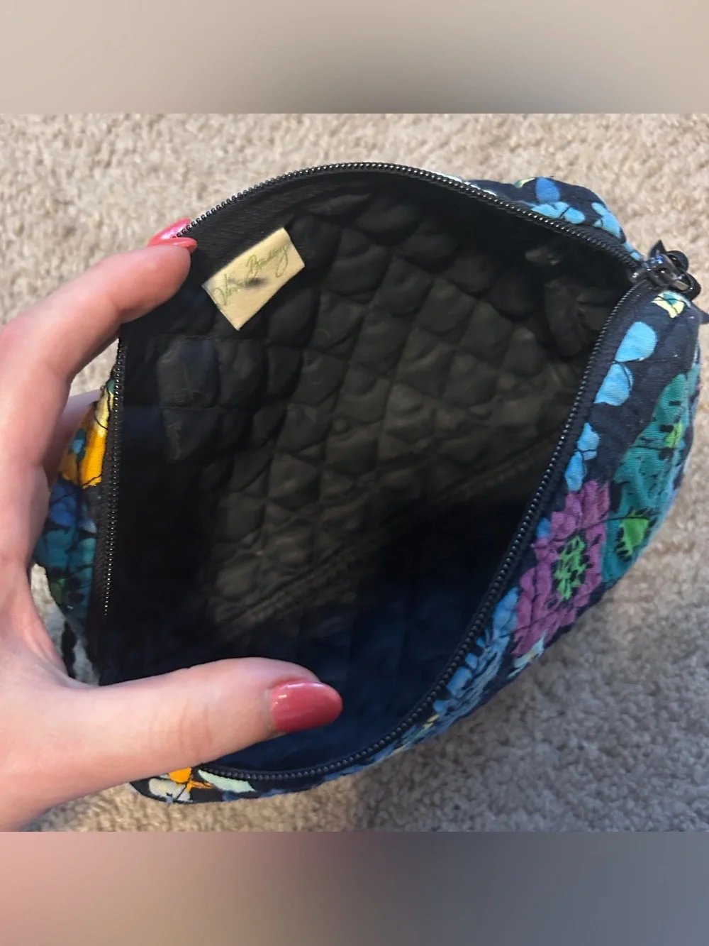 Quilted Vera Bradley Floral Cosmetic Pouch bag in Navy, Blue, Green & Purple